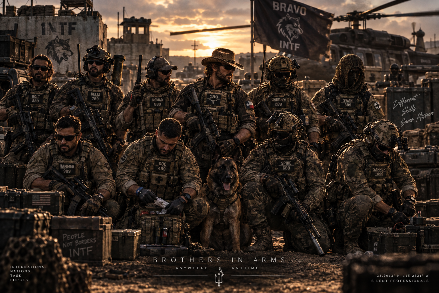 Opérateurs de la division Bravo réunis avec Riley, le chien de l'unité